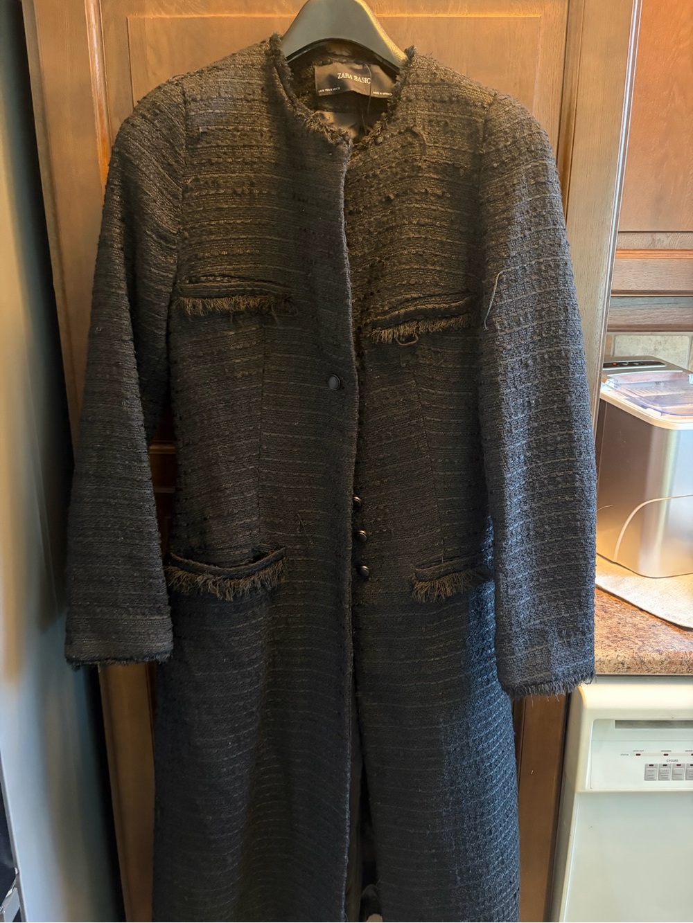 Zara Black Tweed Long Coat with Frayed Pocket Trim